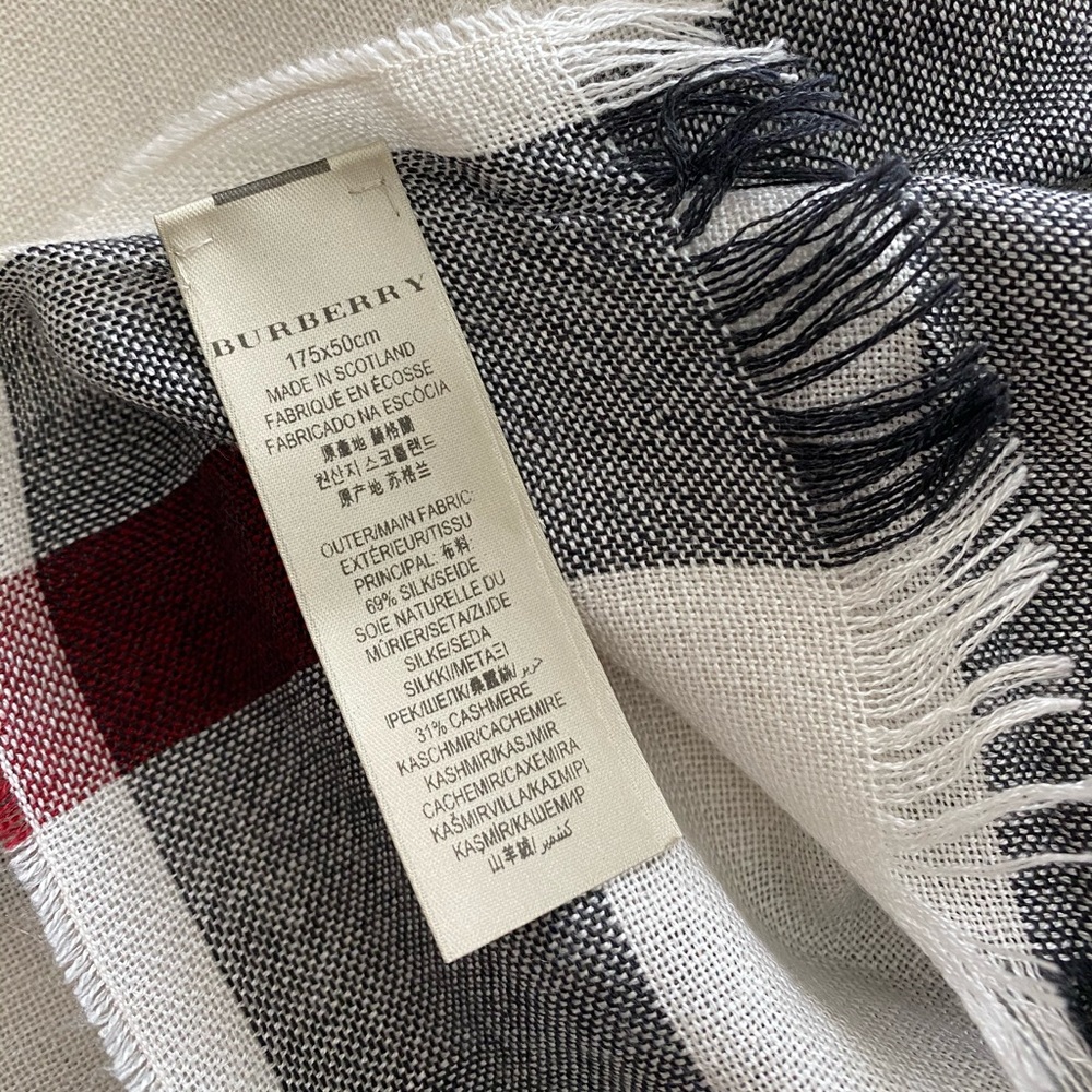 Burberry Cream Plaid Wool-Blend Scarf with Tan, Black & Red Stripes - Picture 4 of 6